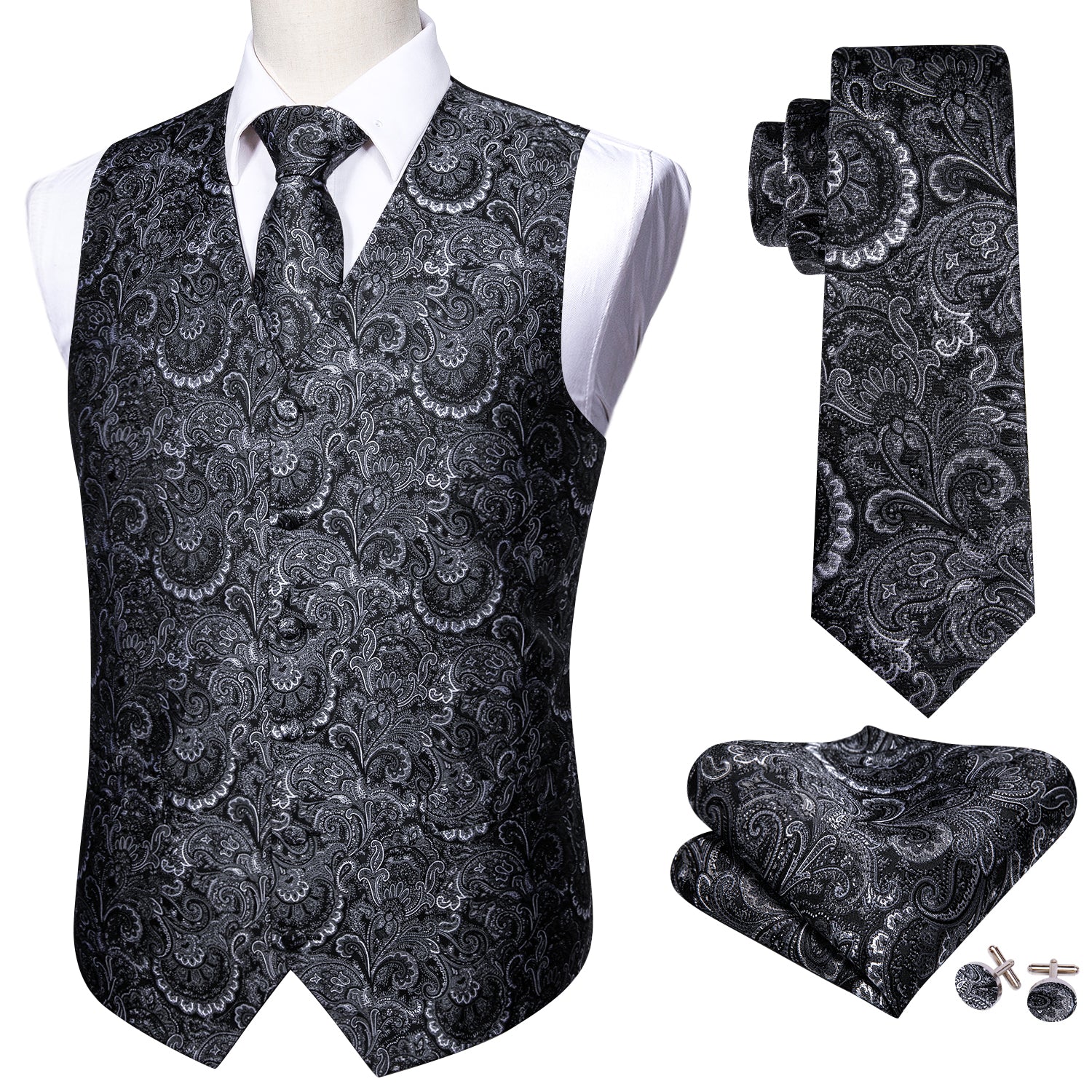 Men's Black Paisley Silk Vest Necktie Pocket square Cufflinks