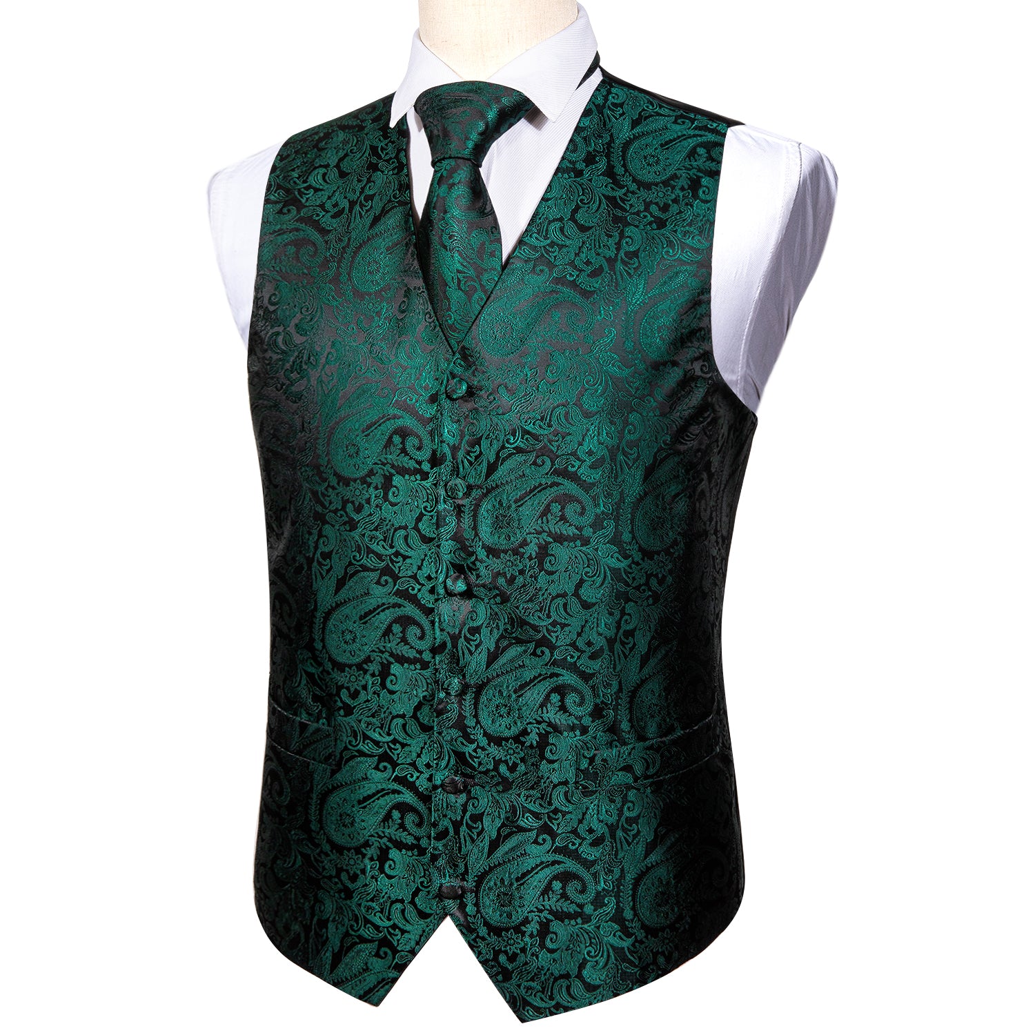 Barry.wang Men's Vest Black Green Paisley Silk Vest Necktie Pocket Square Cufflinks Set