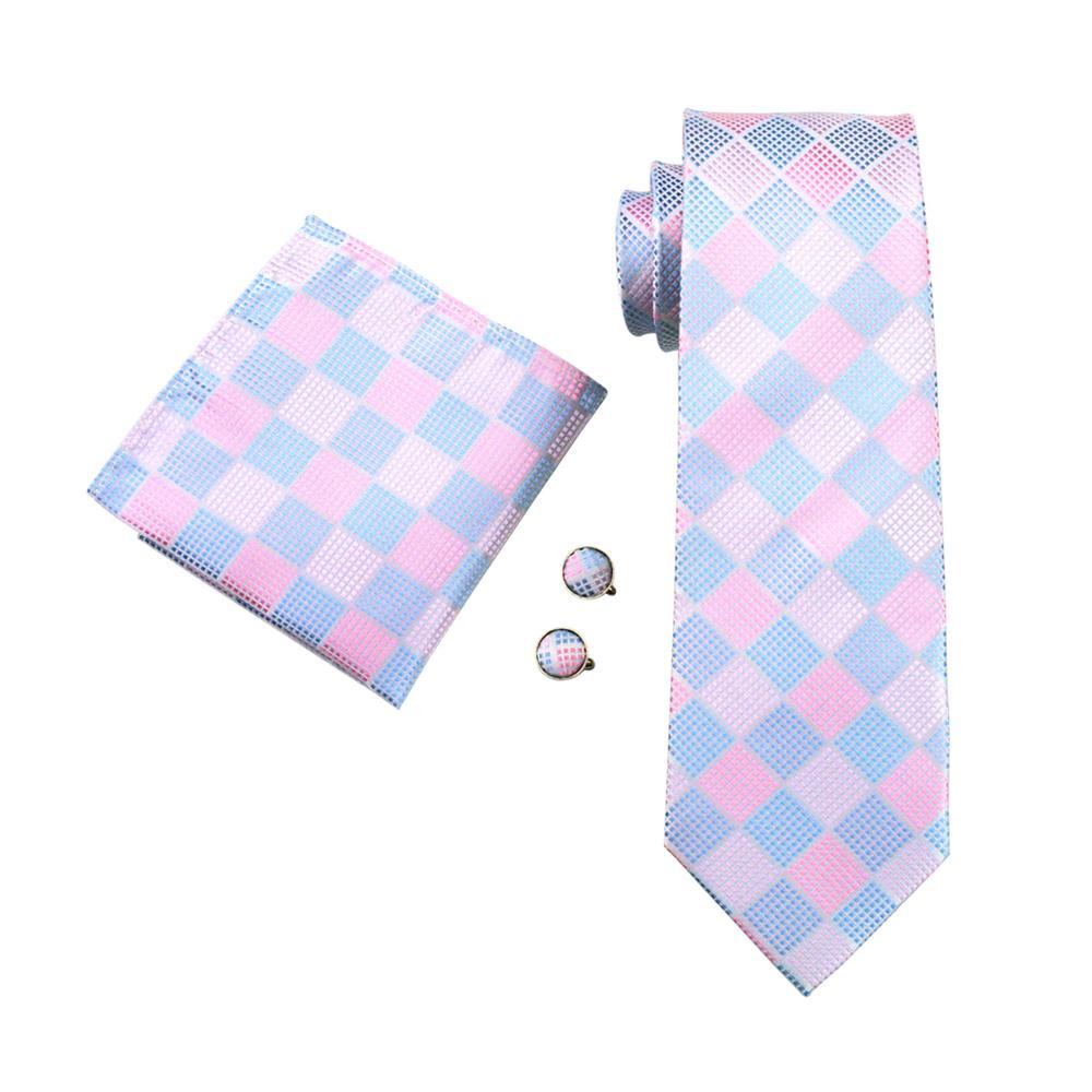 Sky-blue Pink Plaid Tie Pocket Square Cufflinks Set - barry-wang