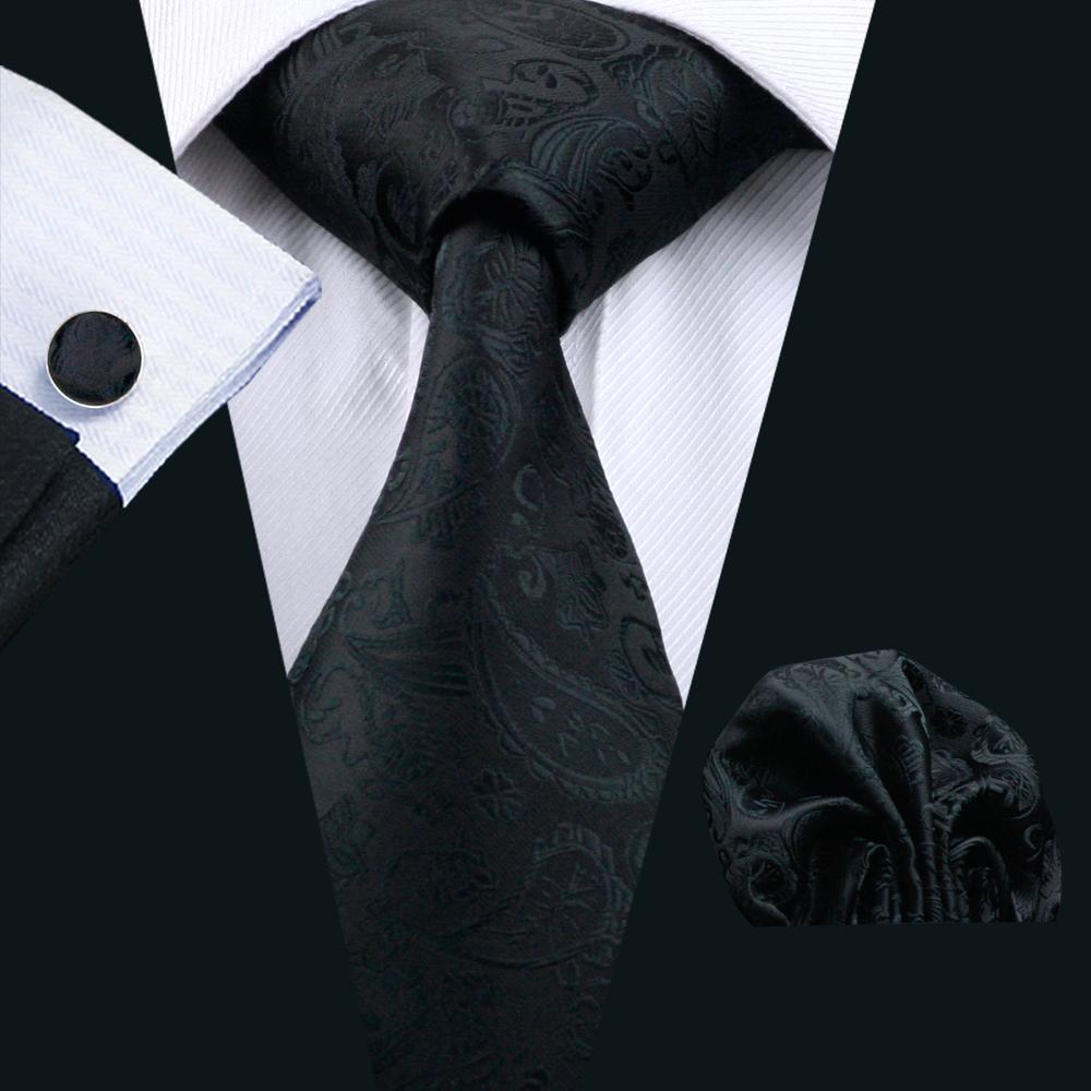 Dark Black Paisley Silk Men's Tie Pocket Square Cufflinks Set - barry-wang