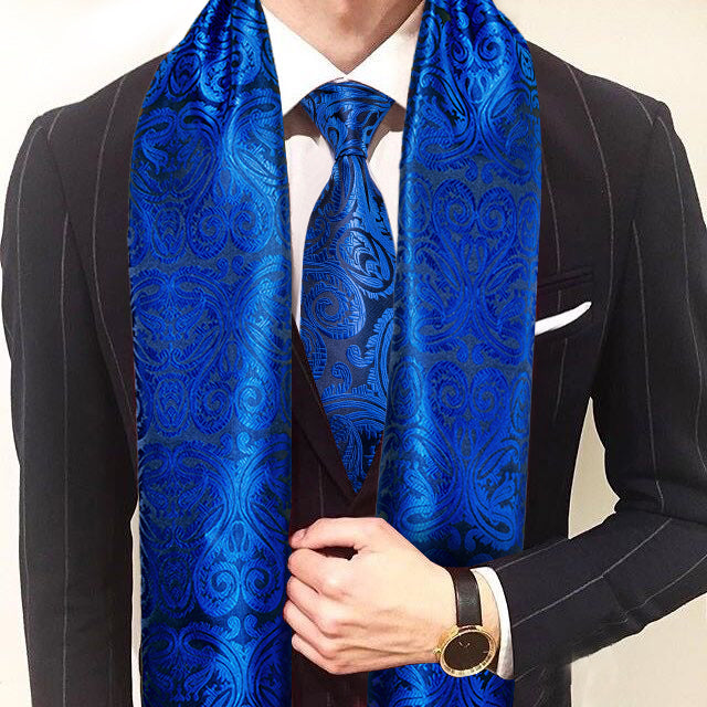 Luxury Blue Paisley Scarf with Tie Set