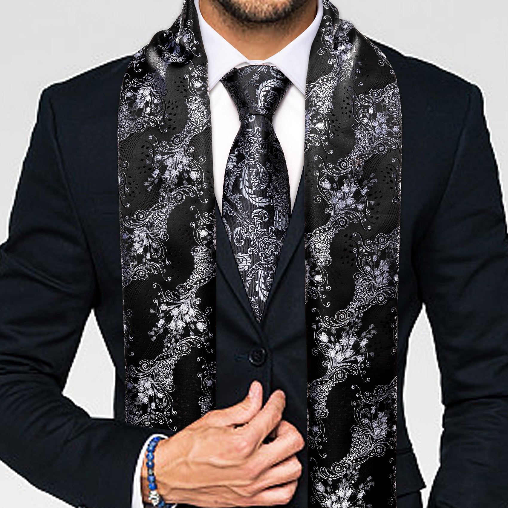 Luxury Black Silver Floral Scarf  with Tie Set
