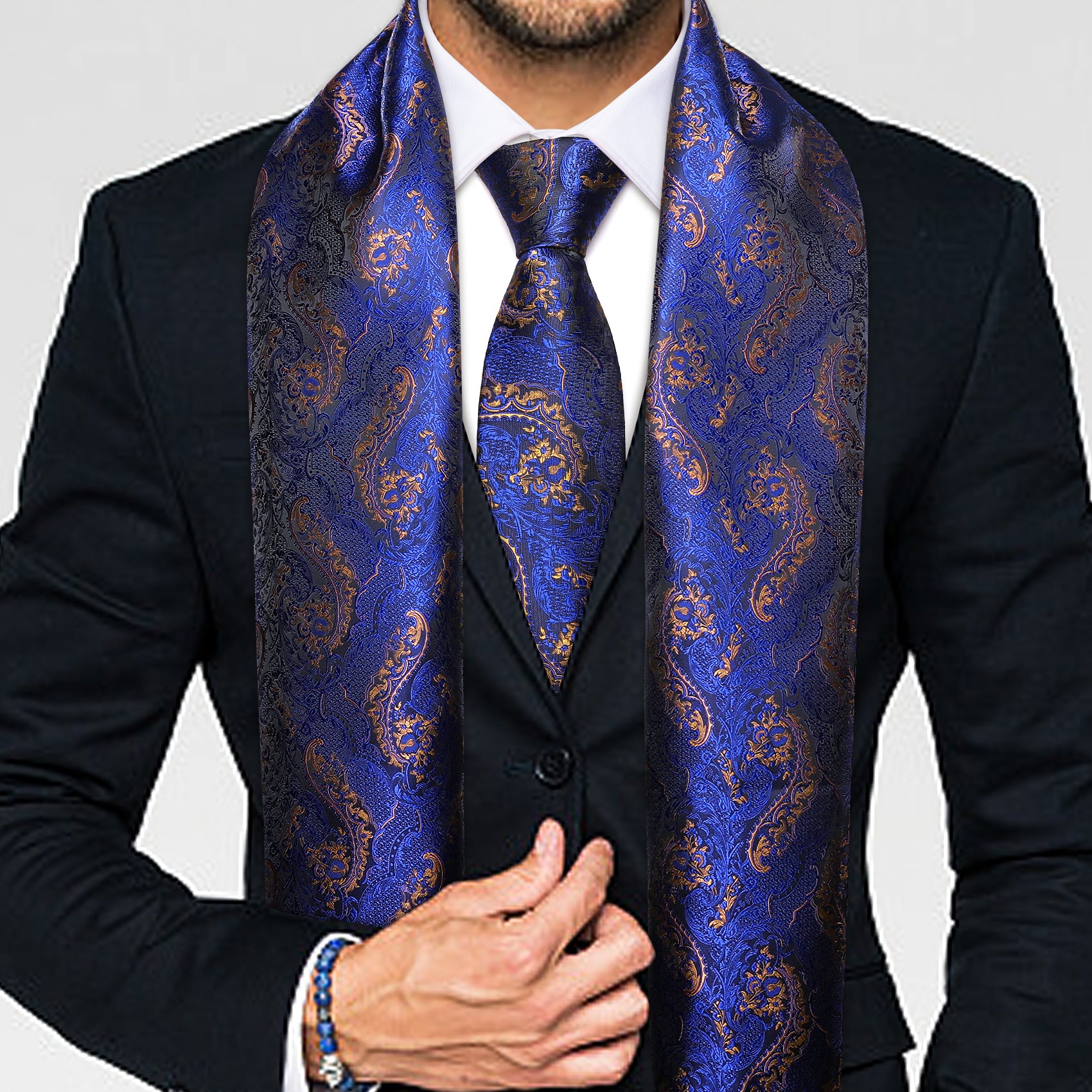 Luxury Blue Golden Paisley Scarf with Tie Set