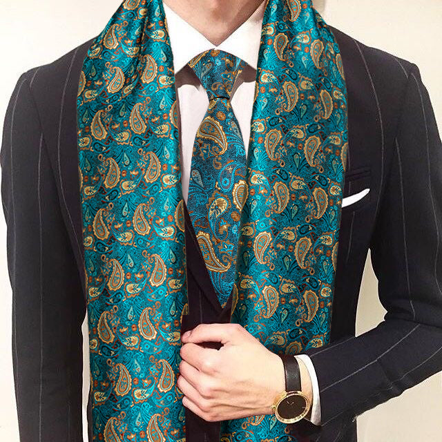 Barry.wang Men's Scarf Green Brown Paisley Silk Scarf with Tie Set