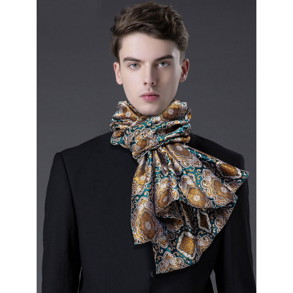 Luxury Blue Golden Silver Floral Scarf