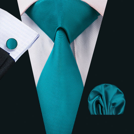 Teal Blue Solid Tie Pocket Square Cufflinks Set - barry-wang