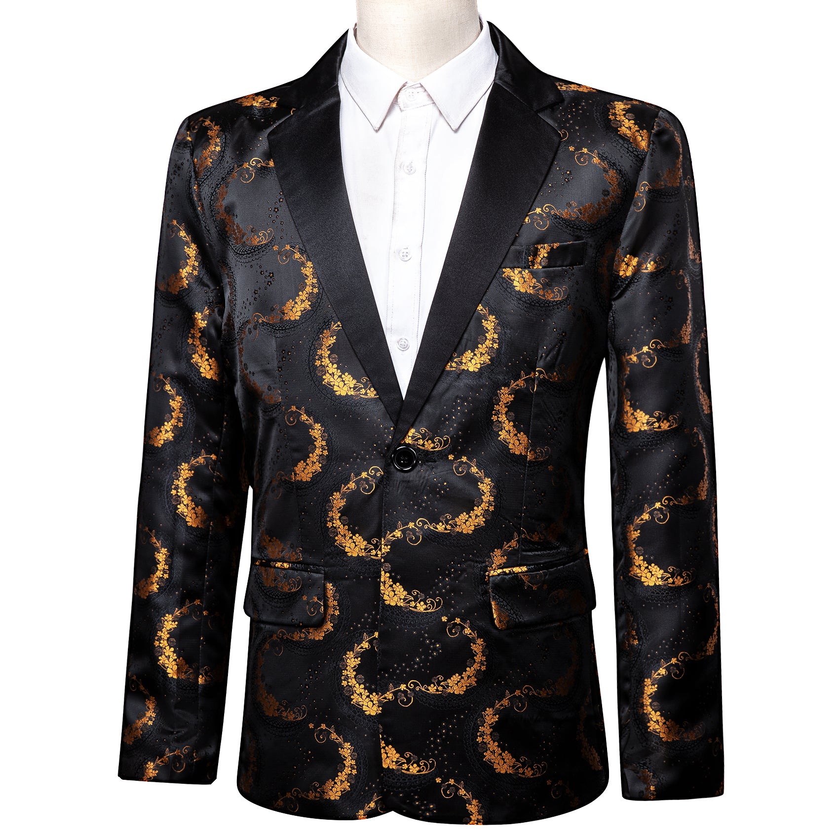 Barry.wang Men's Suit Black Gold Floral Notched Collar Suit Jacket Blazer