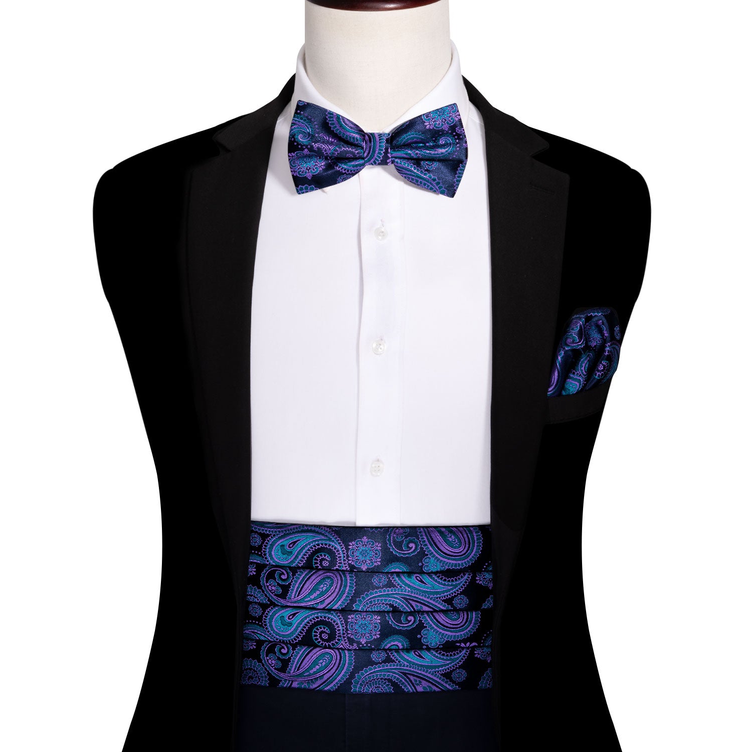 Blue Paisley Cummerbund  Bow tie Handkerchief  Cufflinks Set