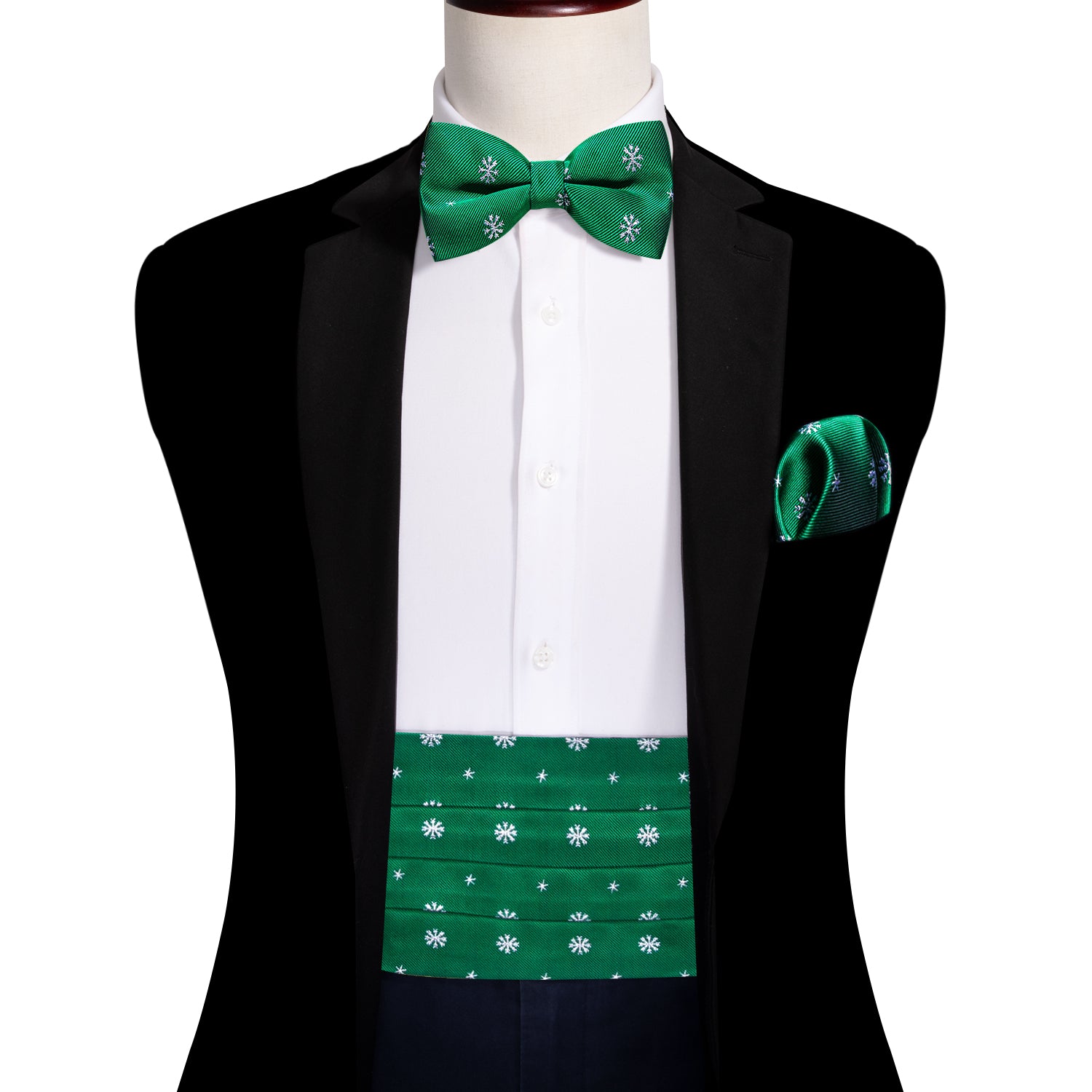 Christmas Green White Snowflake Cummerbund  Bow tie Handkerchief Cufflinks Set