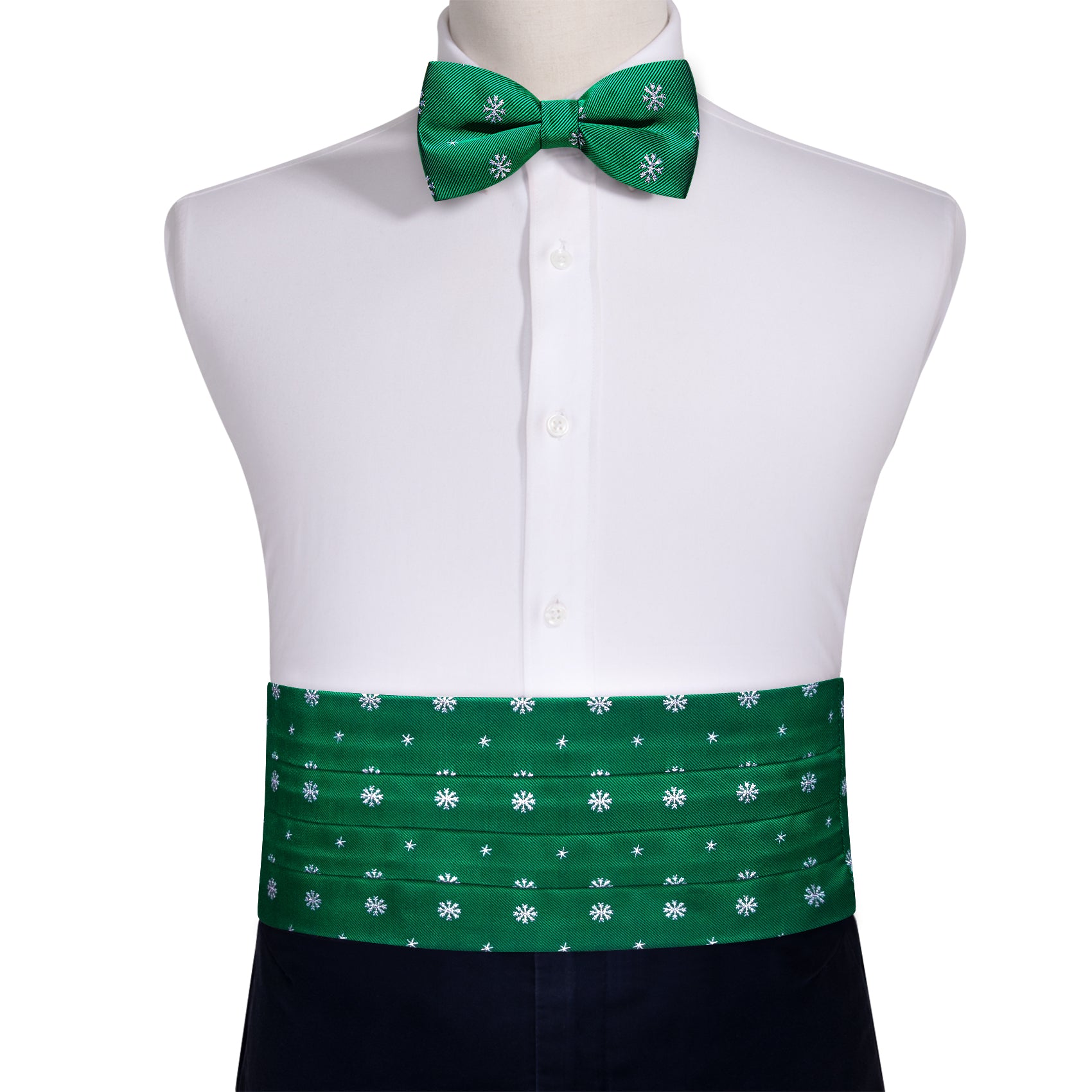 Christmas Green White Snowflake Cummerbund  Bow tie Handkerchief Cufflinks Set