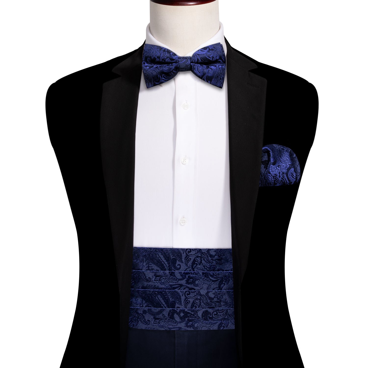 Blue Paisley Cummerbund  Bow tie Handkerchief Cufflinks Set
