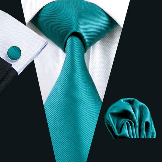 Teal Striped Tie Hanky Cufflinks Set - barry-wang