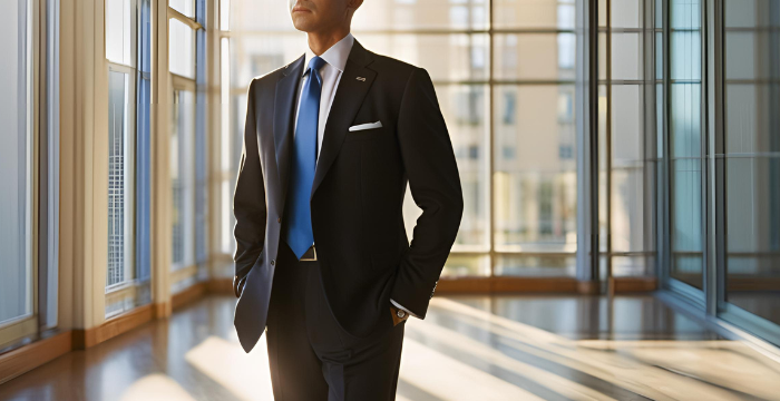 silk blue tie with black suit for men