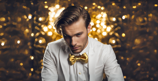 men wearing gold bowtie white suit 