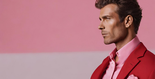 Men wearing red notch lapel suit and pink shirt 