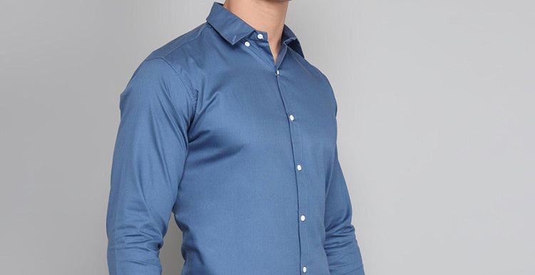 men blue silk shirt