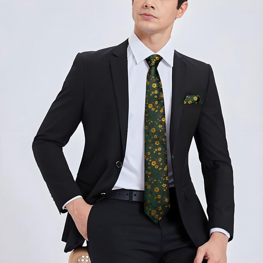 Barry. Wang Emerald Green Floral Tie Mens Silk Necktie Pocket Square Cufflinks Set