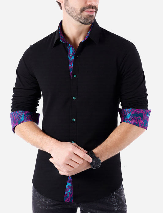Barry. Wang Black Splicing Shirt Mens Silk Long Sleeve Button Down Business Shirt