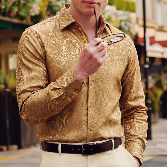 Barry. Wang Mens Gold Paisley Dress Shirt Silk Party Casual Long Sleeve Shirt