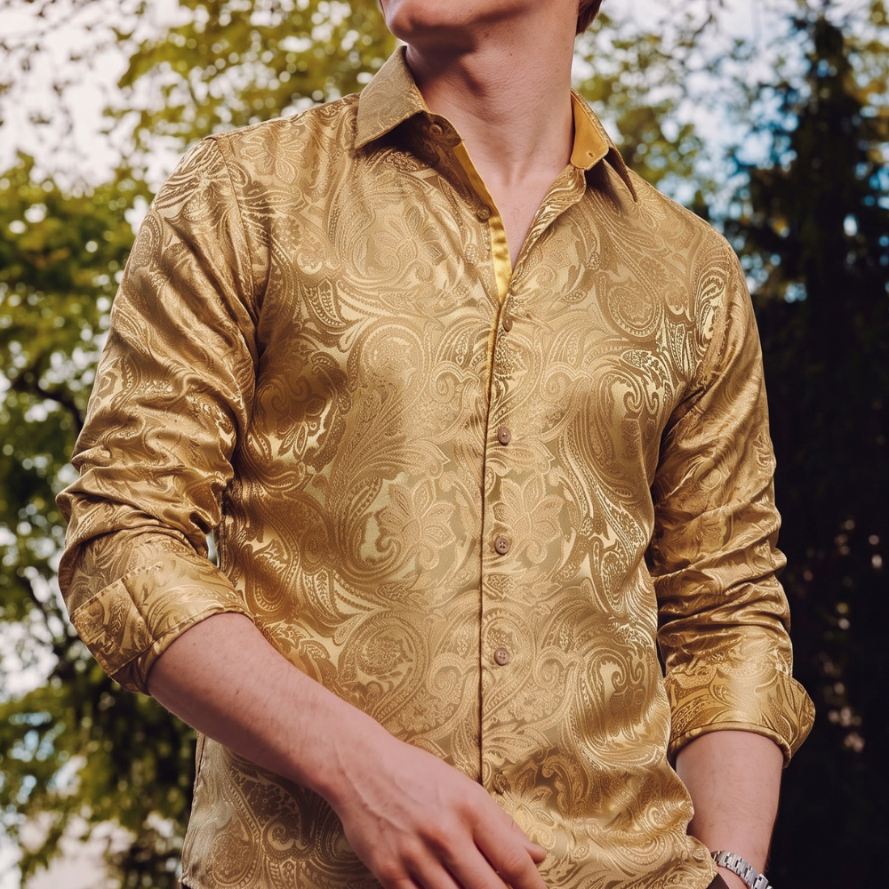 Barry. Wang Mens Gold Paisley Dress Shirt Silk Party Casual Long Sleeve Shirt, M