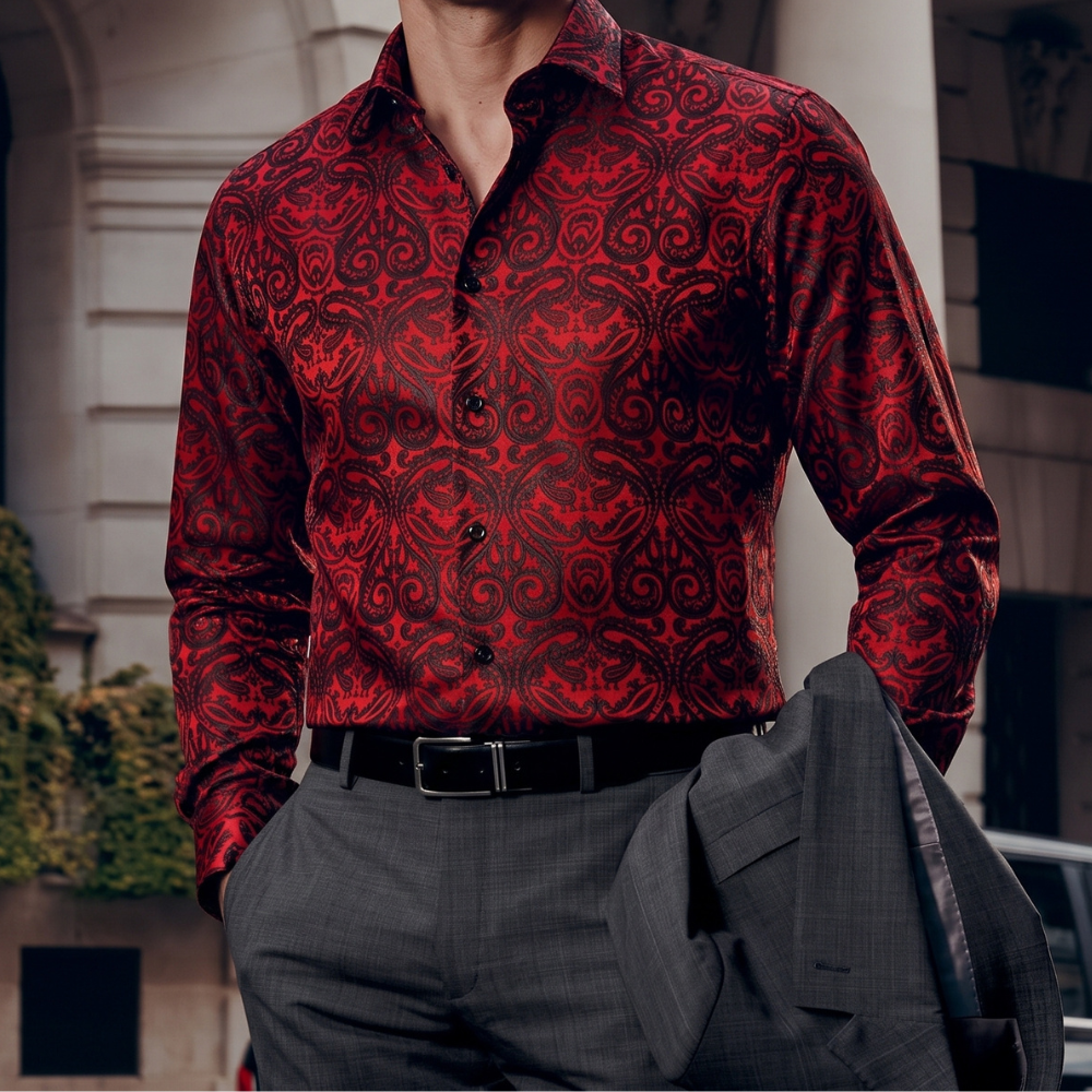 Barry. Wang Mens Western Shirt Casual Red Paisley Jacquard Long Sleeve Button Down Shirt, M