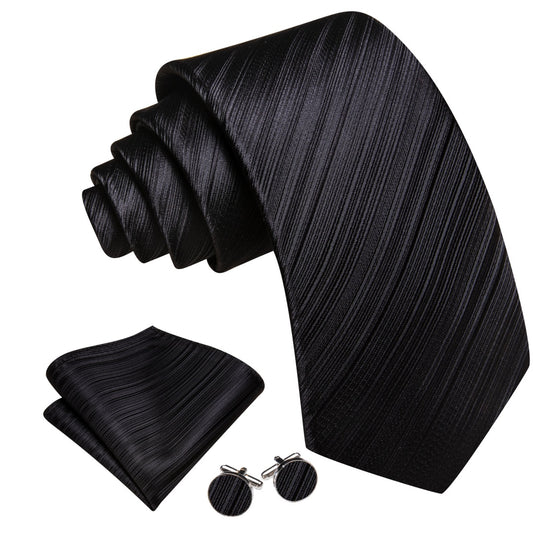 Barry. Wang Mens Solid Black Tie Silk Striped Tie Pocket Square Cufflinks Set