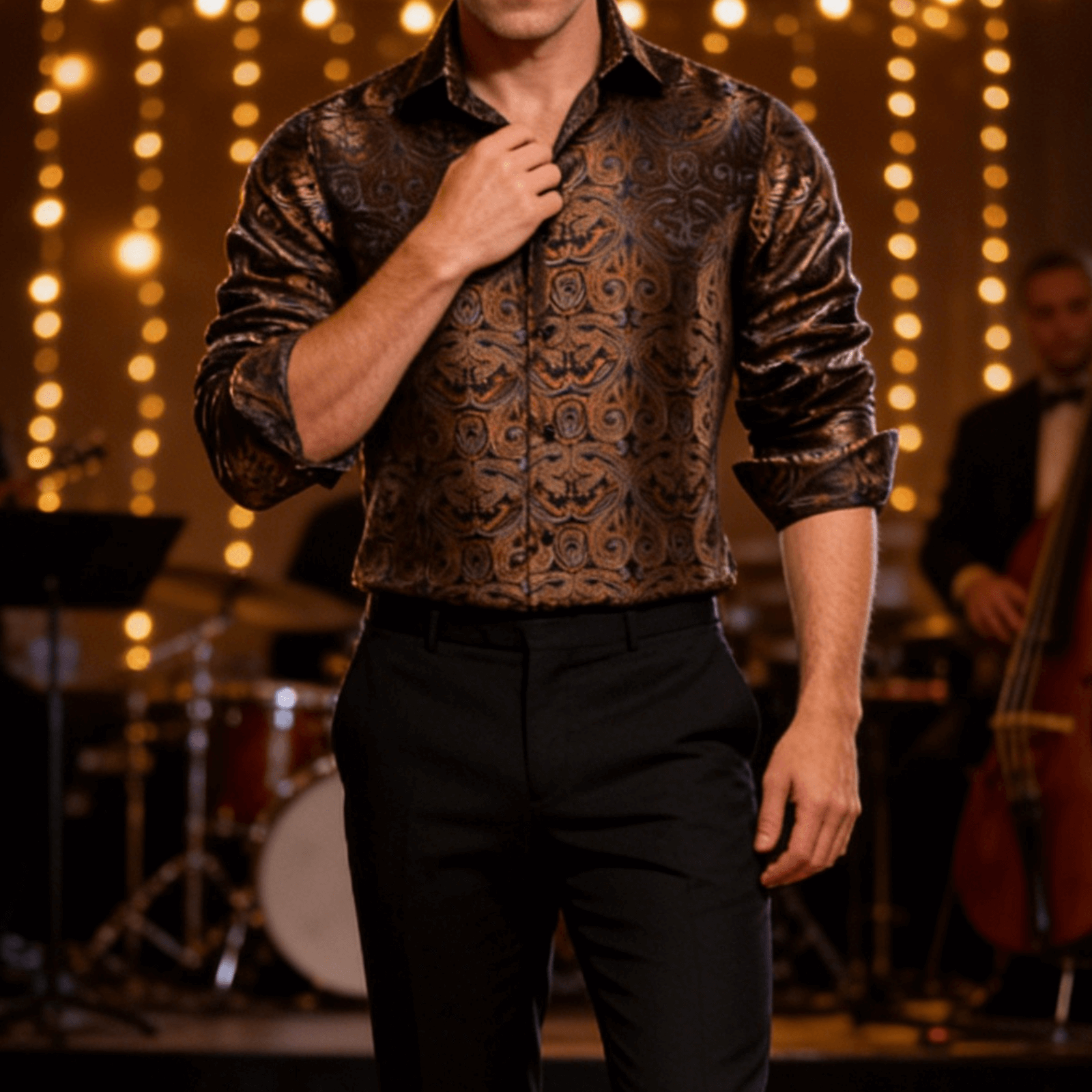 Barry. Wang Mens Paisley Dress Shirt Brown 70s Disco Long Sleeve Button Down Shirt