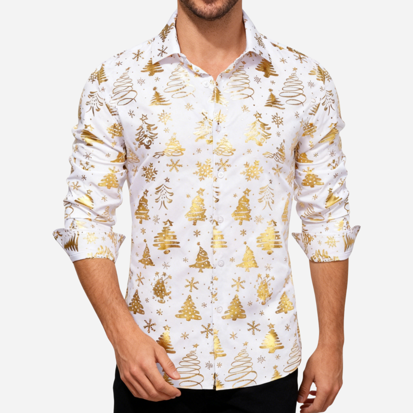 Barry. Wang Holiday White Dress Shirt Gold Snowflake Pattern Long Sleeve Button Up Shirt