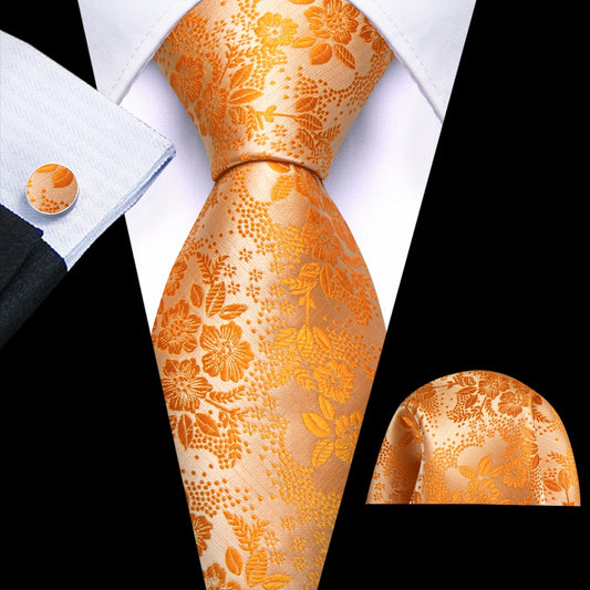 Barry. Wang Mens Orange Tie Floral Designer Tie Pocket Square Cufflinks Set