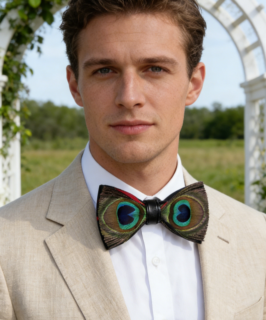 Barry. Wang Brown Feather Bowtie Novelty Mens Pre-tied Bowtie Brooch Set