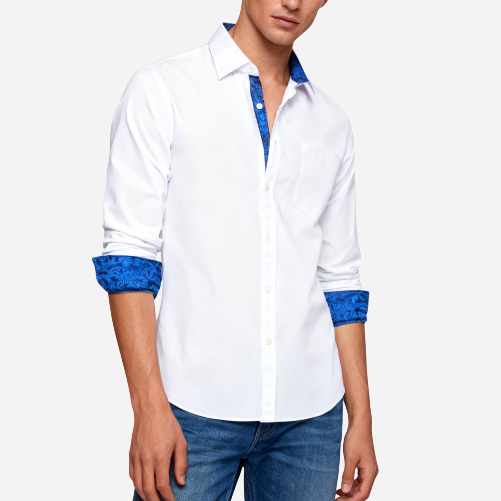 Barry. Wang Mens White Royal Blue Splicing Shirt Long Sleeve Formal Shirt for Wedding