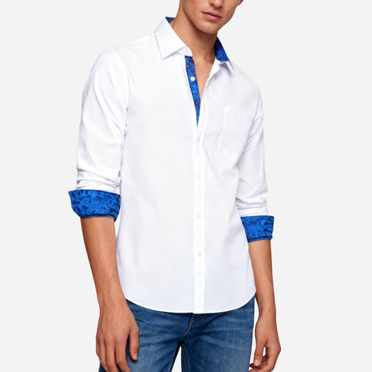 Barry. Wang Mens White Royal Blue Splicing Shirt Long Sleeve Formal Shirt for Wedding