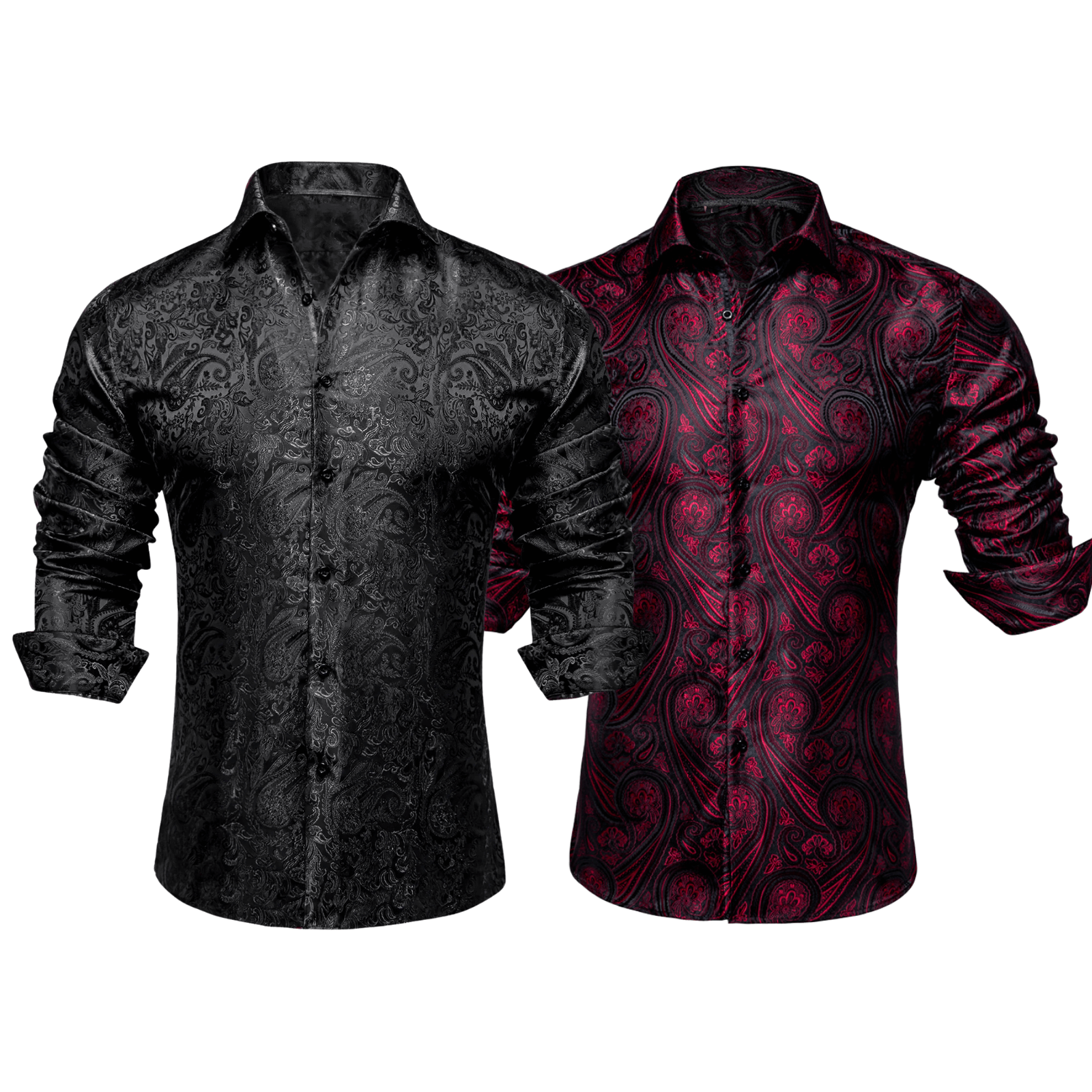 Barry.Wang 2pcs Mens Shirts Burgundy Black Paisley Shirt Silk Shirt