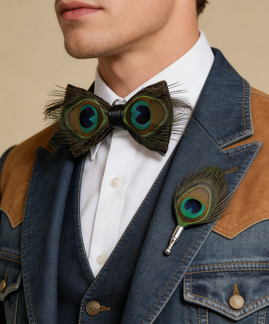 Barry. Wang Green Feather Bowtie Novelty Mens Pre-tied Bowtie Brooch Set