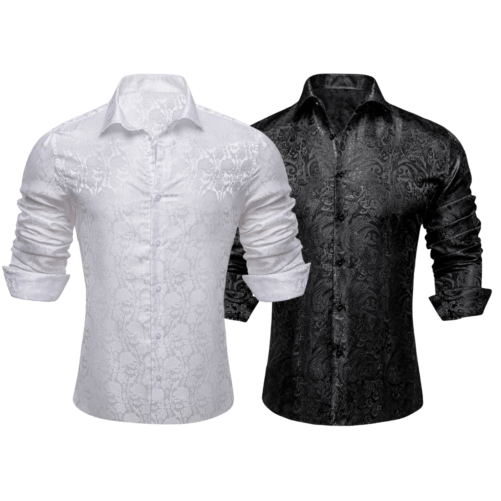 Barry.Wang 2pcs Mens Shirts White Black Paisley Shirt Silk Shirt