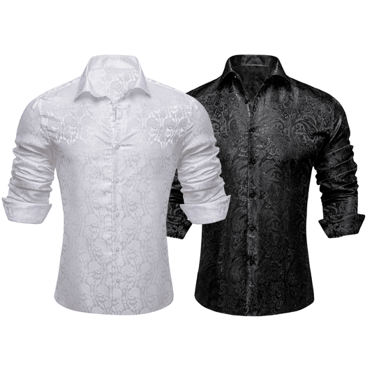 Barry.Wang 2pcs Mens Shirts White Black Paisley Shirt Silk Shirt