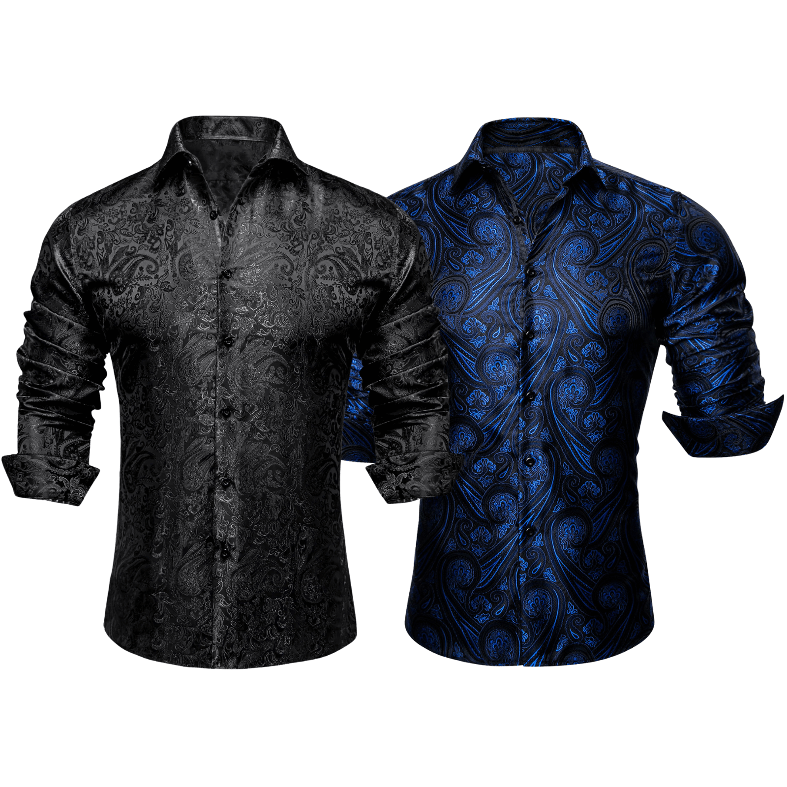 Barry.Wang 2pcs Mens Shirts Black Blue Paisley Shirt Silk Shirt