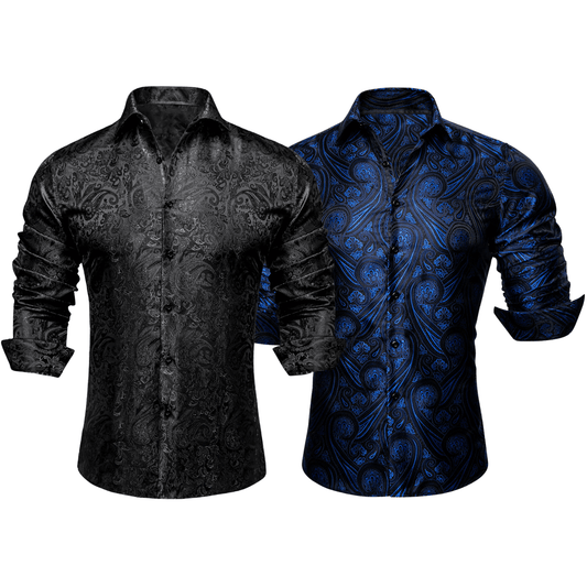 Barry.Wang 2pcs Mens Shirts Black Blue Paisley Shirt Silk Shirt