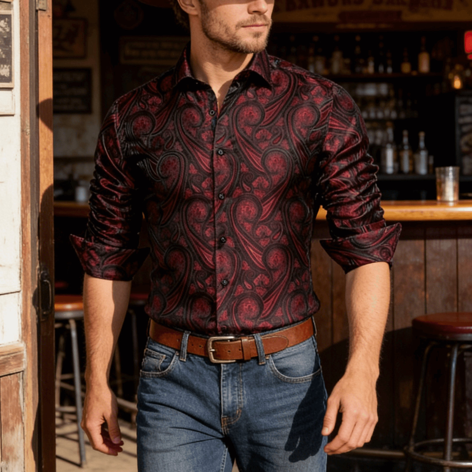Barry. Wang Mens Western Shirt Silk Burgundy Paisley Long Sleeve Button Down Dress Shirt