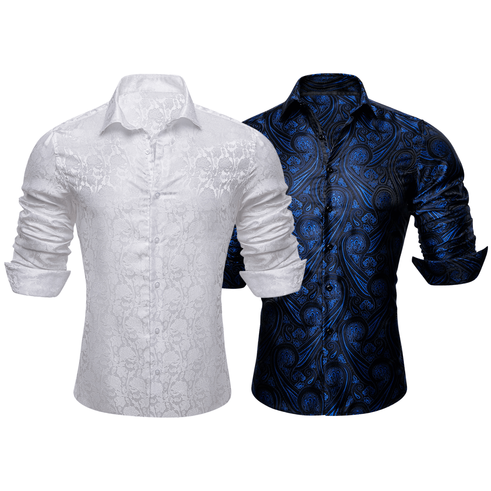 Barry.Wang 2pcs Mens Shirts White Blue Paisley Shirt Silk Shirt