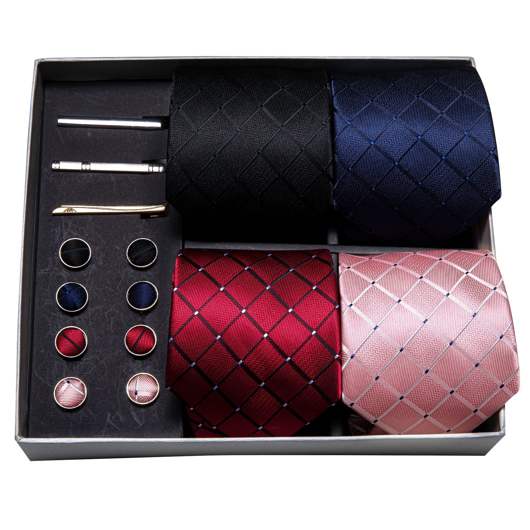 4pcs Men Tie Black Pink Plaid Silk Men Wedding Tie Hanky Clip Gift Box Set