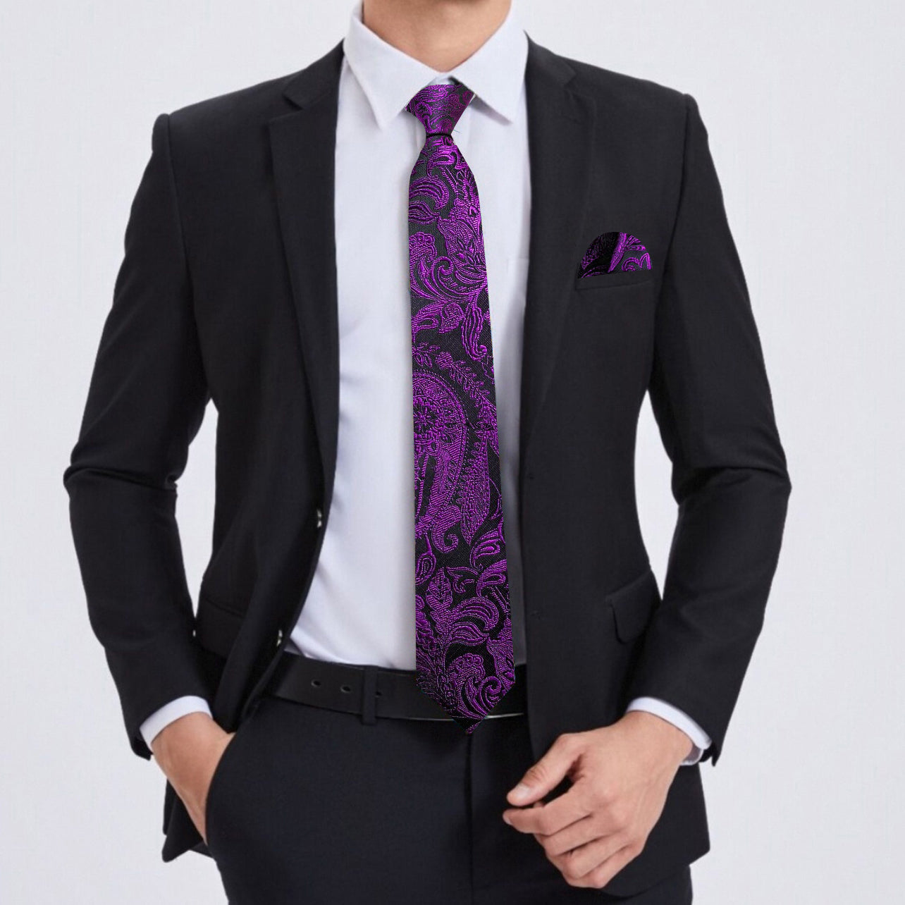 Barry. Wang Mens Silk Tie Black Purple Paisley Necktie Pocket Square Cufflink Set for Business Wedding Barry. Wang Mens Silk Tie Black Purple Paisley Necktie Pocket Square Cufflink Set for Business Wedding
