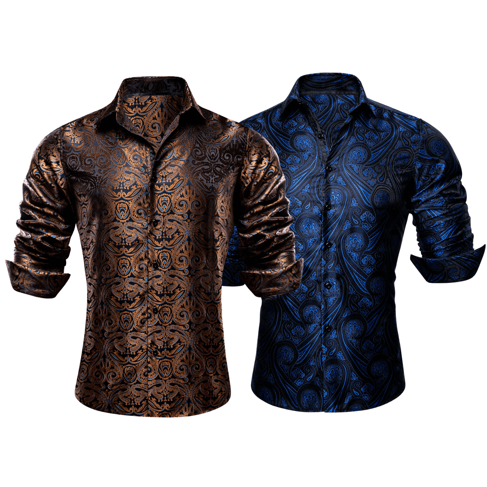 Barry.Wang 2pcs Mens Shirts Brown Blue Paisley Shirt Silk Shirt