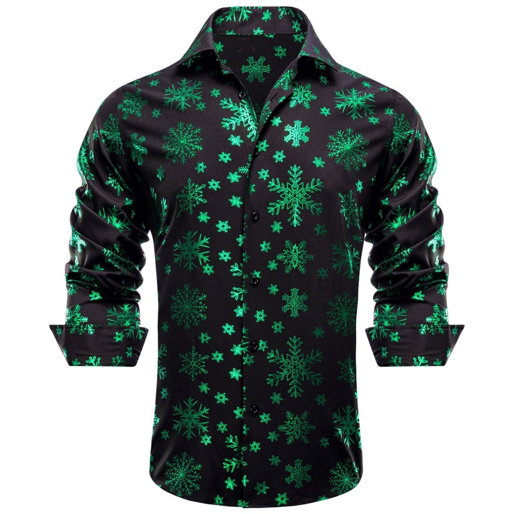 Barry.Wang Mens Holiday Black Shirt Green Xmas Dress Long Sleeve Shirt