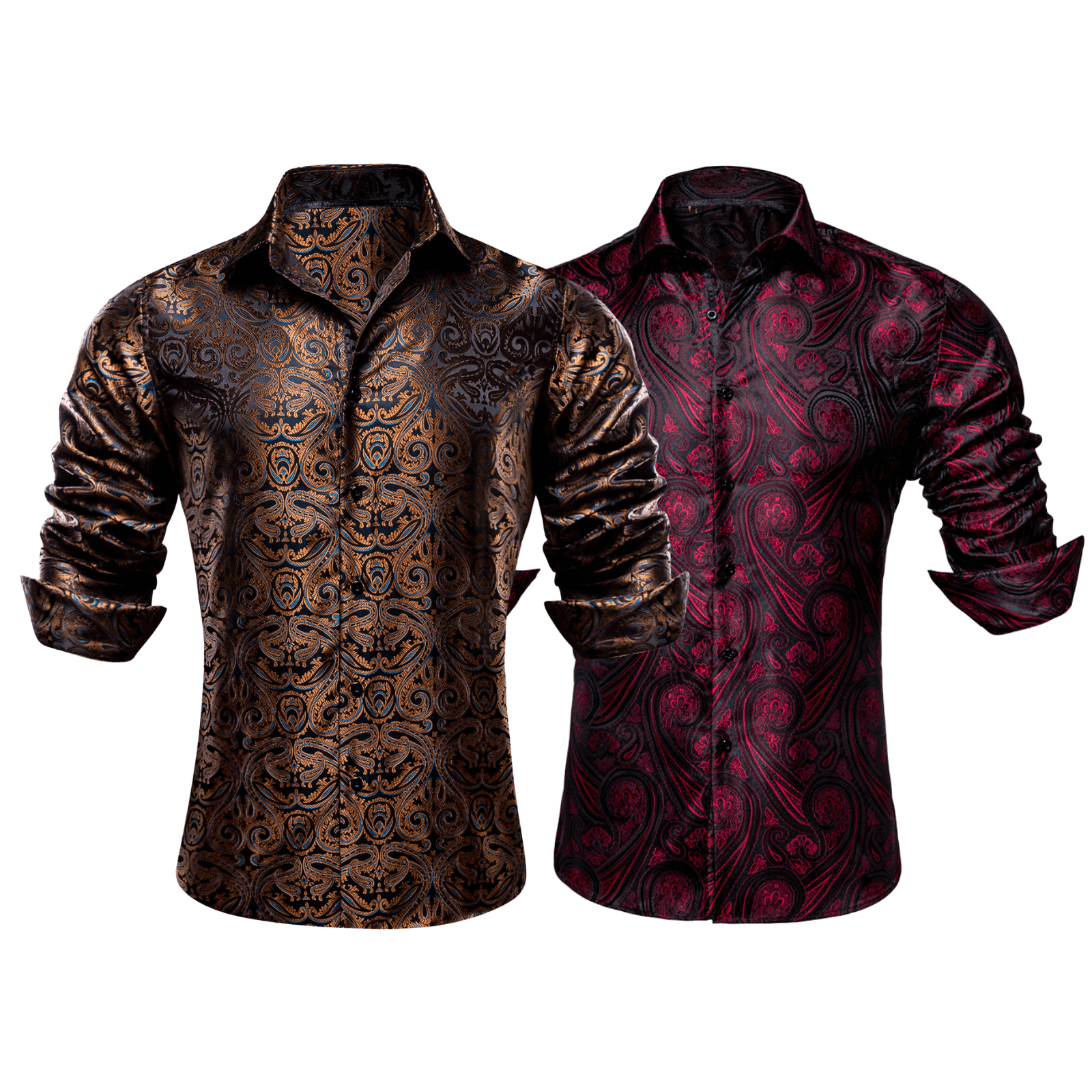 Barry.Wang 2pcs Mens Shirts Brown Burgundy Paisley Shirt Silk Shirt
