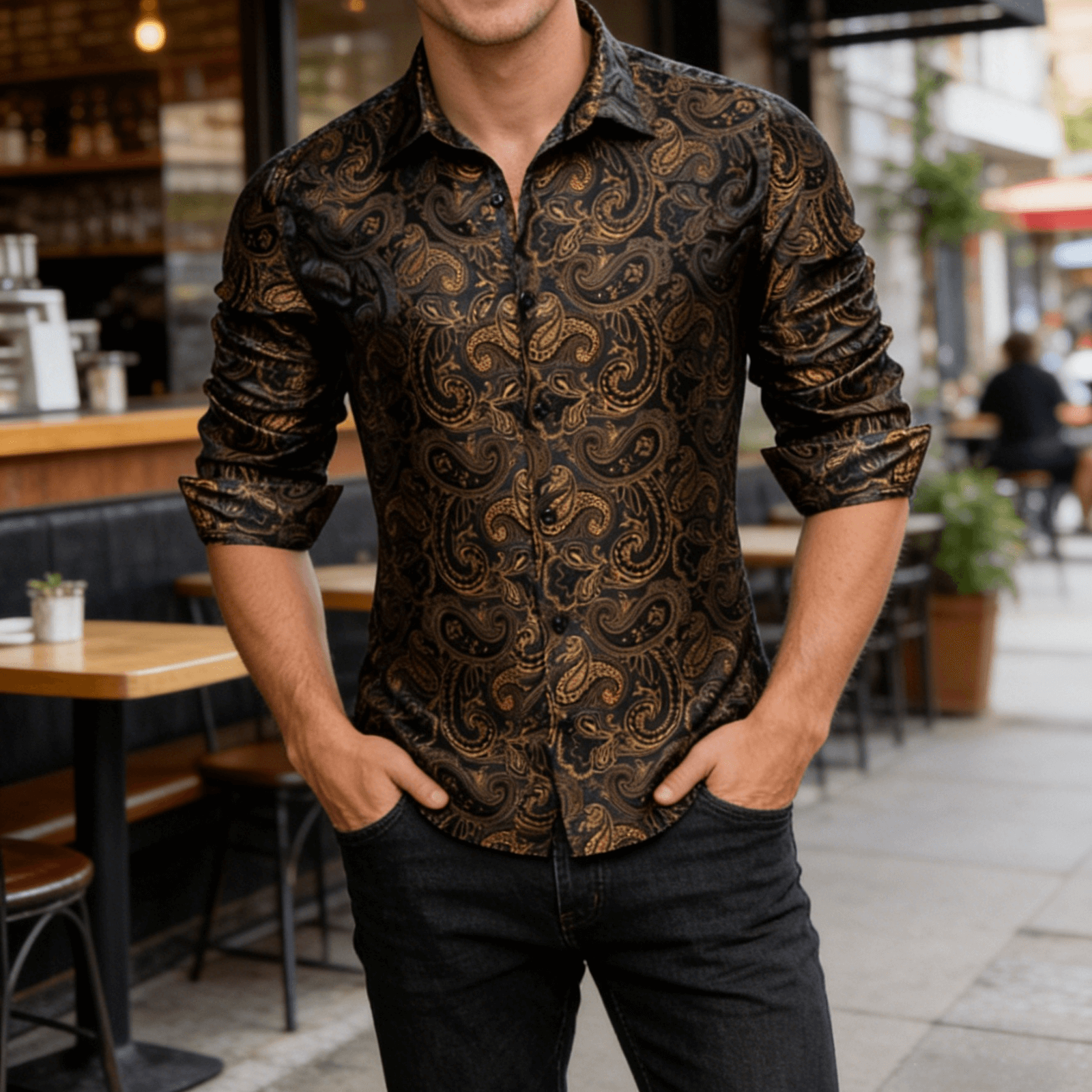 Barry. Wang Gold Casual Shirt for Men Paisley Long Sleeve Button Down Shirt