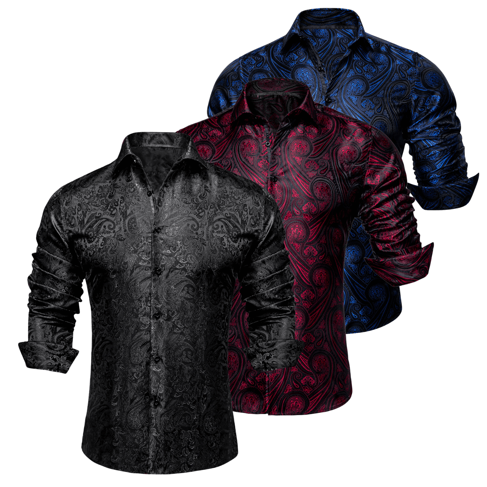 Barry.Wang 3pcs Mens Dress Shirts Black Burgundy Blue Paisley Shirt Silk Shirt
