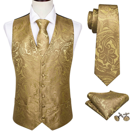 Barry. Wang Mens Gold Paisley Vest Suit Silk Wedding Waistcoat Tie Hanky Cufflinks Set