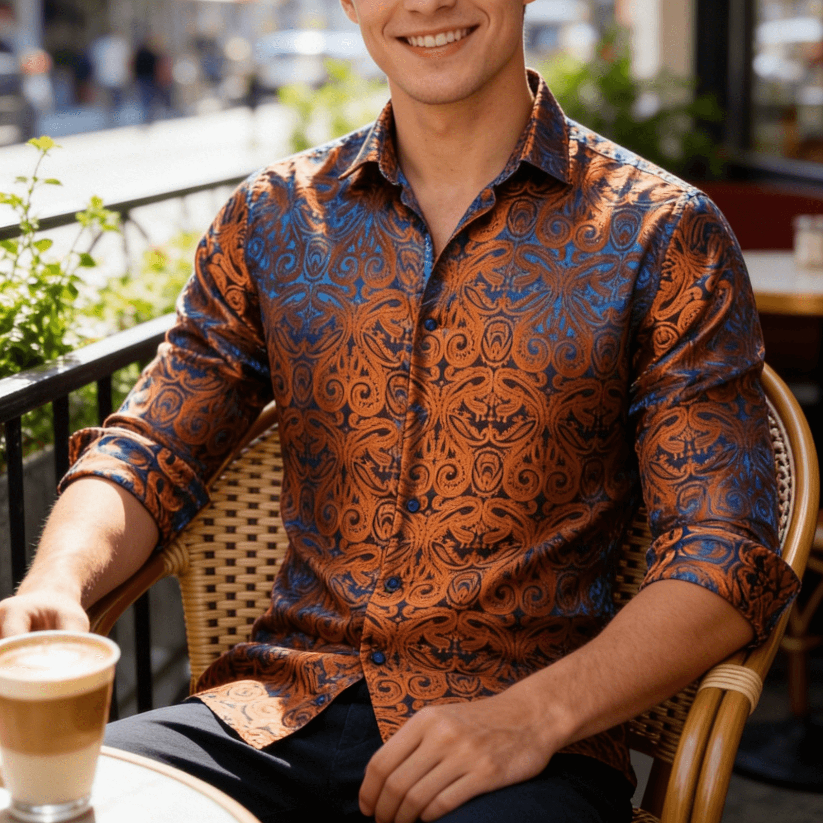 Barry. Wang Copper Paisley Button Down Shirt Casual Silk Long Sleeve Dress Shirt