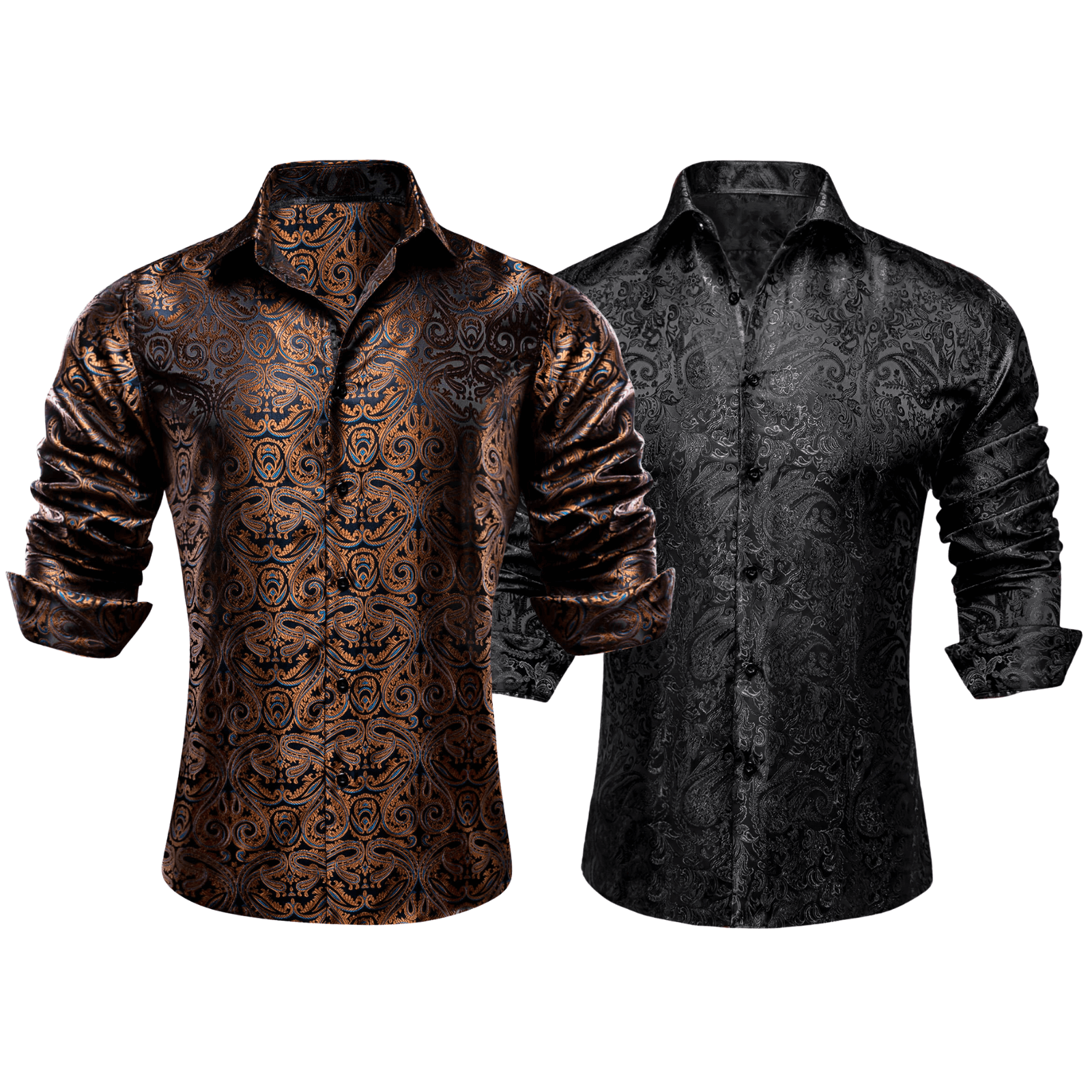Barry.Wang 2pcs Mens Shirts Brown Black Paisley Shirt Silk Shirt